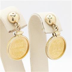 21K 5.6g Solid Yellow Gold Dos Pesos 14k Coin Bezel Drop Dangle Earring Set